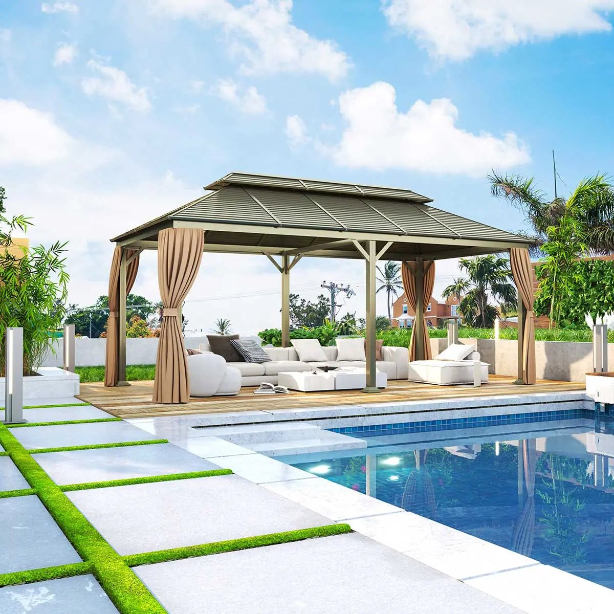 10’ x 20’ Hardtop, Double Tier Steel Roof Patio Gazebo, Mosquito Nets & Curtains Included, TMG-LGZ21